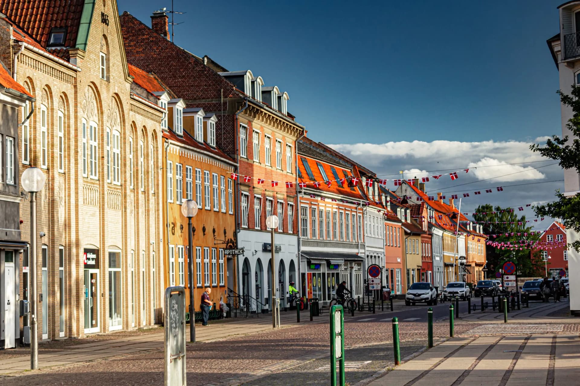 Beautiful houses in old town at sunset in Koege, Denmark